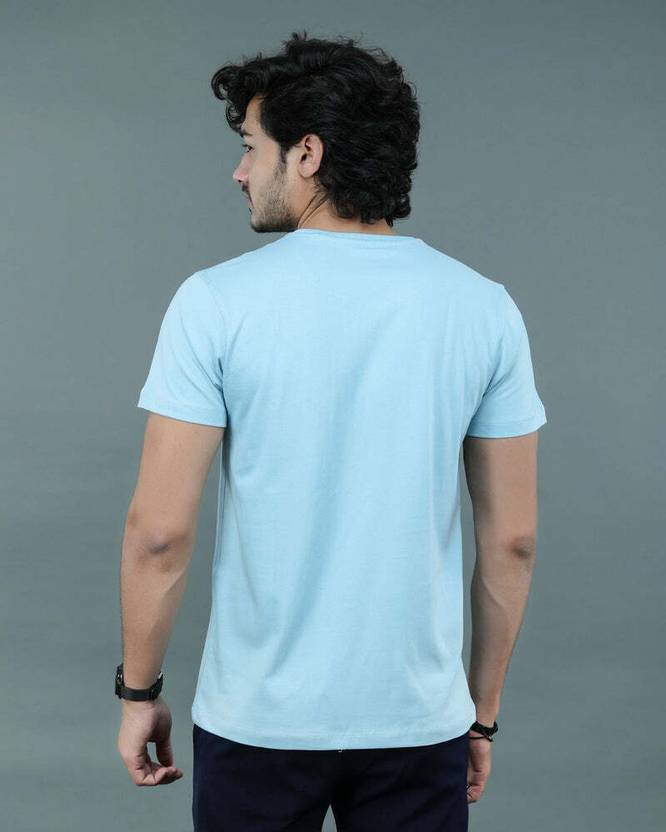 Men Solid Round Neck Pure Cotton Aqua Blue T Shirt