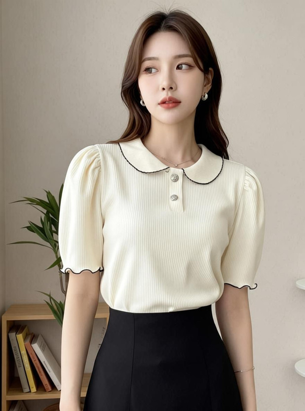 Black Black Buddy Self Design Women Peter Pan Collar Beige T-Shirt - Flipkart Deal