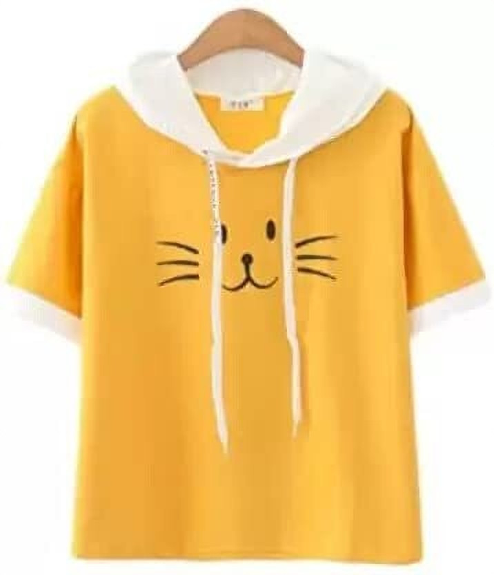 Vk Tops Printed Women Hooded Neck Yellow T-Shirt