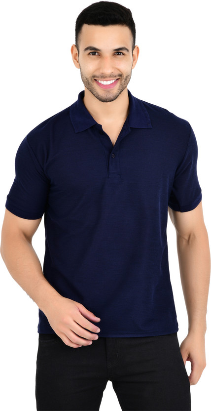 KEOTI Solid Men Polo Neck Navy Blue T-Shirt