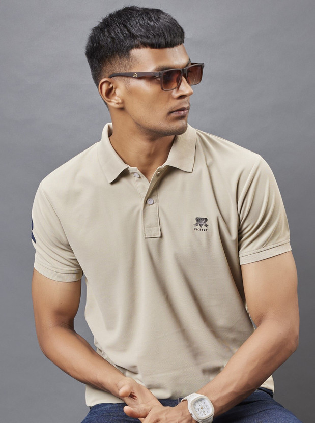 3BROS Solid Men Polo Neck Beige T-Shirt
