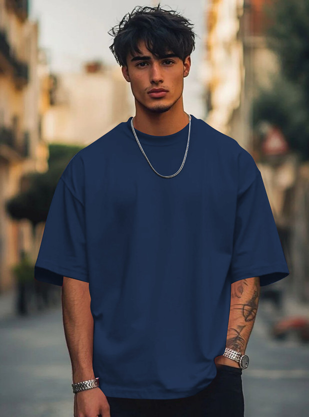 Drybe Fashion Solid Men Round Neck Dark Blue T-Shirt