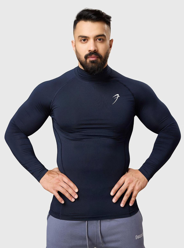 FuaarK Solid Men High Neck Navy Blue T-Shirt