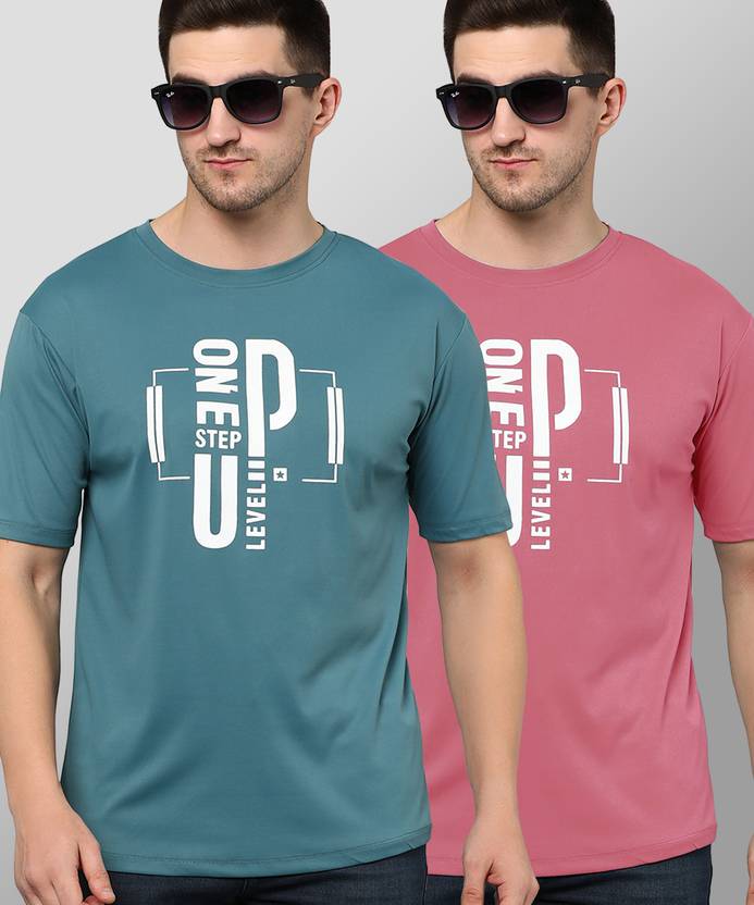 [Sizes M, L, XL] VeBNoR Pack of 2 Men Printed Round Neck Pink, Green T-Shirt