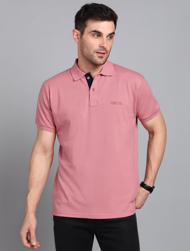 3BROS Embroidered Men Polo Neck Pink T-Shirt
