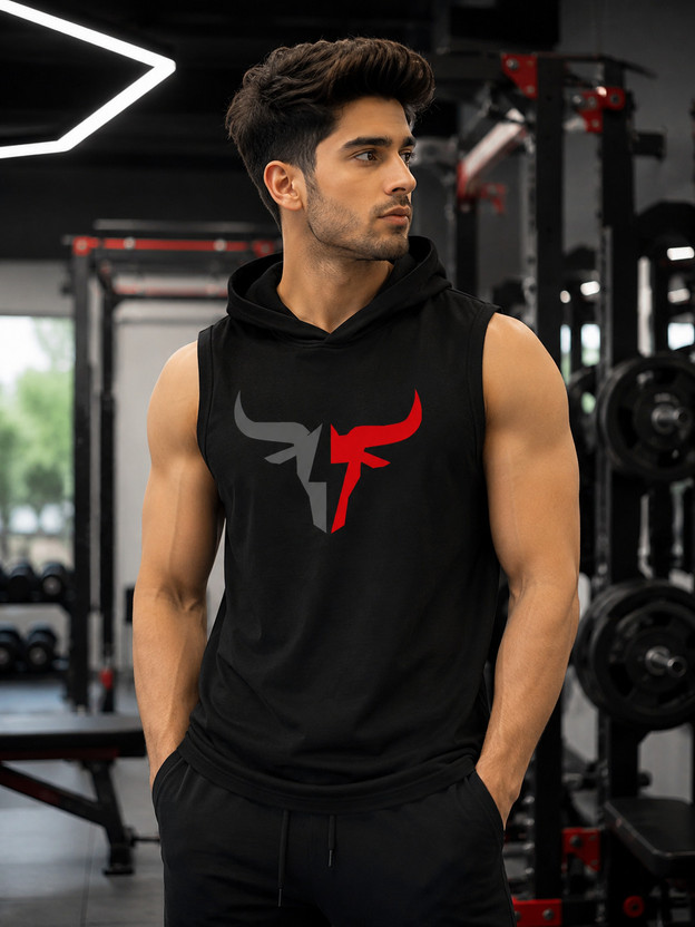 GQF Graphic Print Men Hooded Neck Black T-Shirt