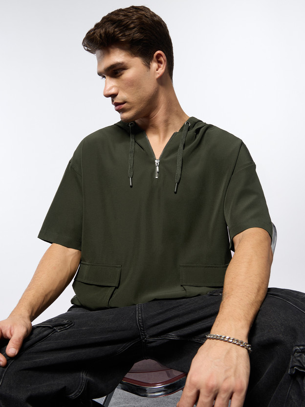 The Souled Store Self Design Men Hooded Neck Dark Green T-Shirt