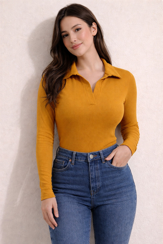 Tanushk Solid Women Polo Neck Yellow T-Shirt