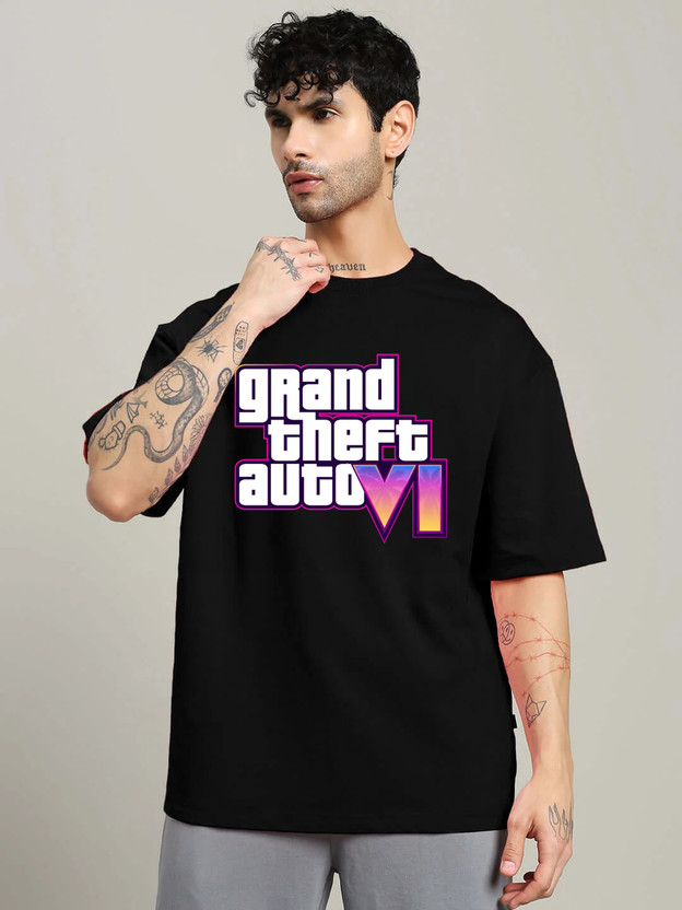 GTAVI GTAVI X ROYAL STANCE Graphic Print Men Round Neck Black T-Shirt - Flipkart Deal