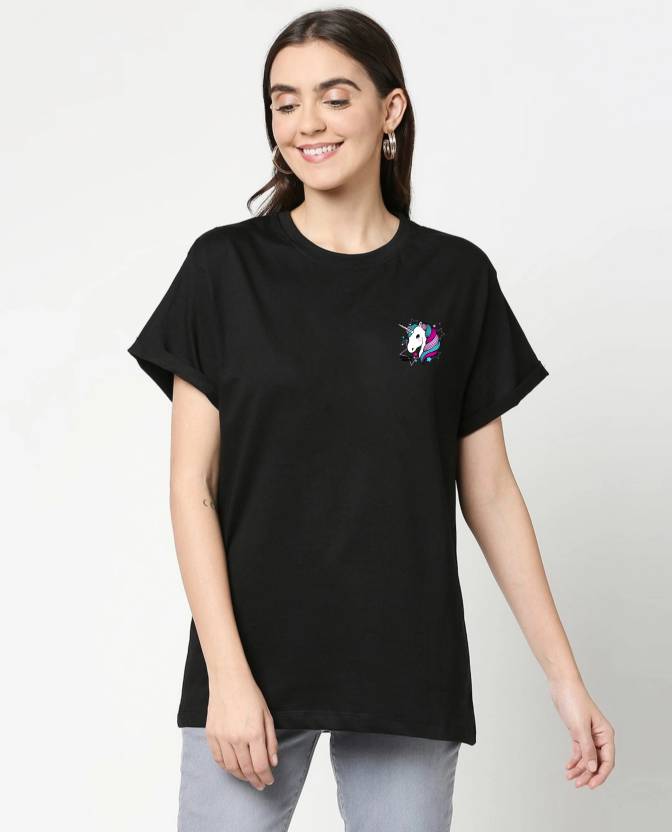 Women Printed Round Neck Pure Cotton Black T-Shirt