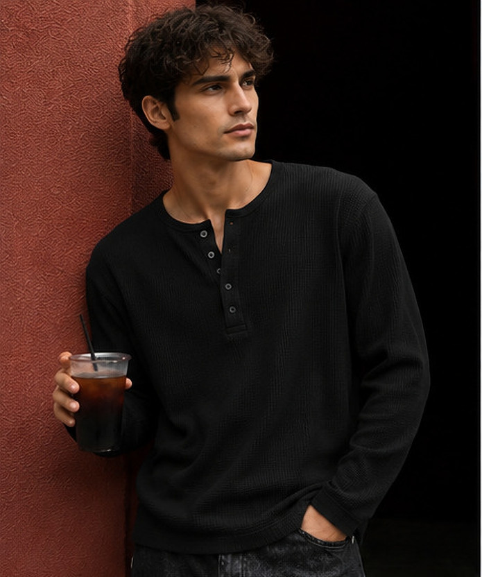 NOOK Self Design Men Henley Neck Black T-Shirt