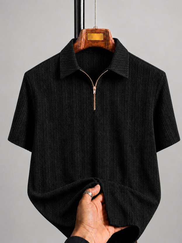 COMBRAIDED Self Design Men Polo Neck Black T-Shirt