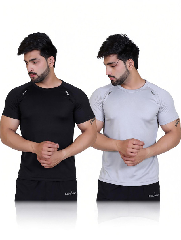 indian krait Solid Men Round Neck Black, Grey T-Shirt