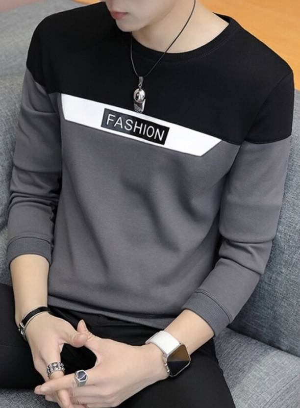 Modern Grey Color Block T-Shirt for Men with Round Neck