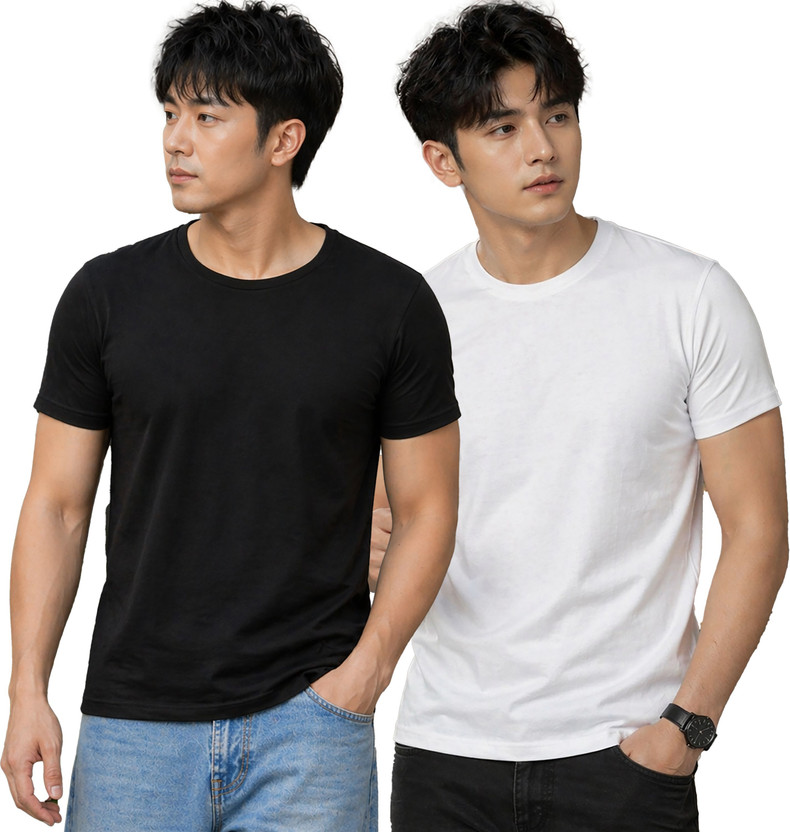Creation By London Hills Solid Men Round Neck Black, White T-Shirt