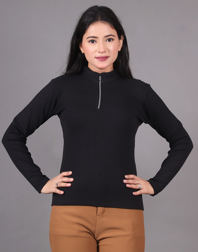 BG BG ONLINE Solid Women Zip Neck Black T-Shirt - Flipkart Deal