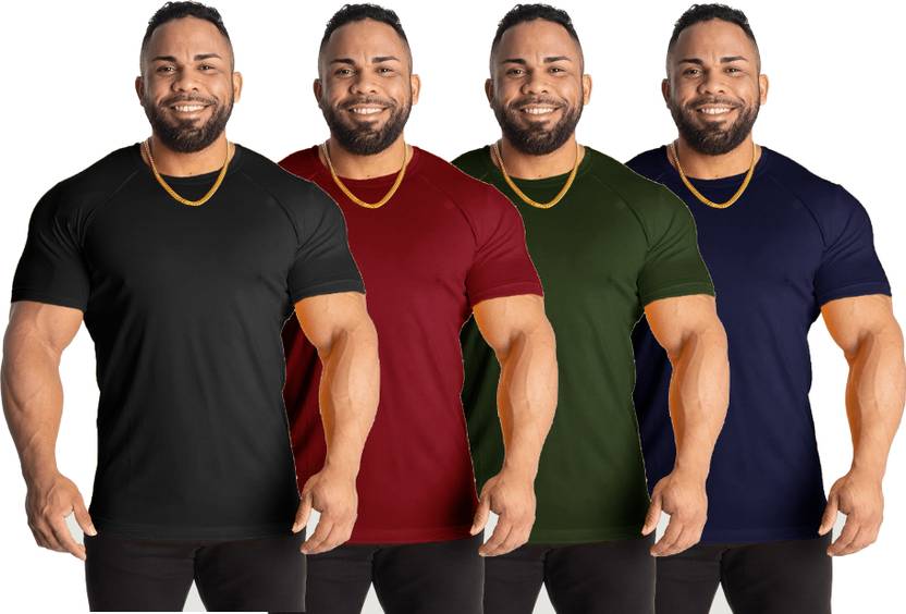 [Size M] UDI n ADI Pack of 4 Men Solid Round Neck Polyester Dark Green, Maroon, Black, Navy Blue T-Shirt