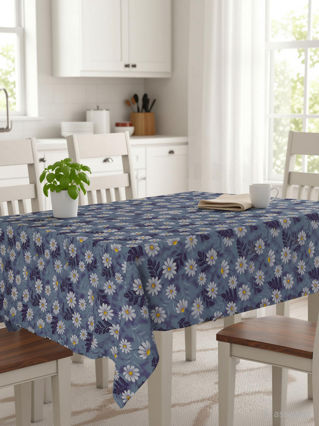 CASA FURNISHING Polyester 6 Seater Floral Table Cover(Blue, White)