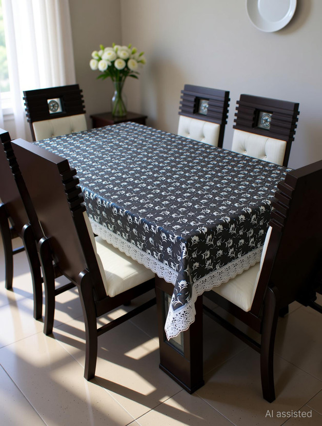 CASA FURNISHING Polyester 6 Seater Floral Table Cover(Black)