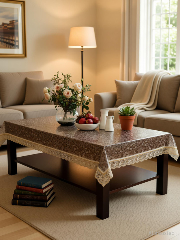 Lariox PVC 6 Seater Printed Table Cover(Golden)