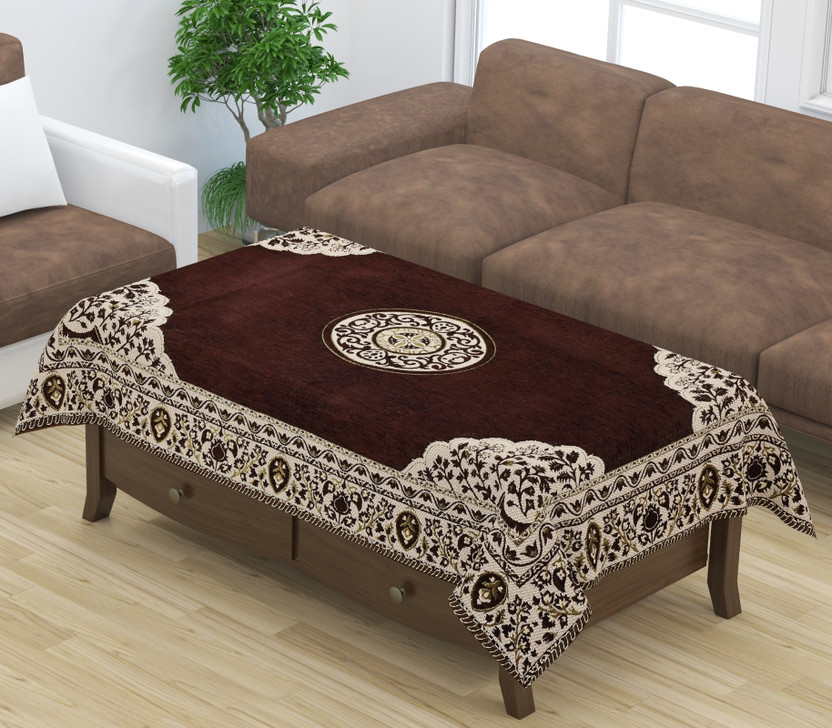 Furnishing Hut Velvet 4 Seater Embroidered Table Cover(Brown1)