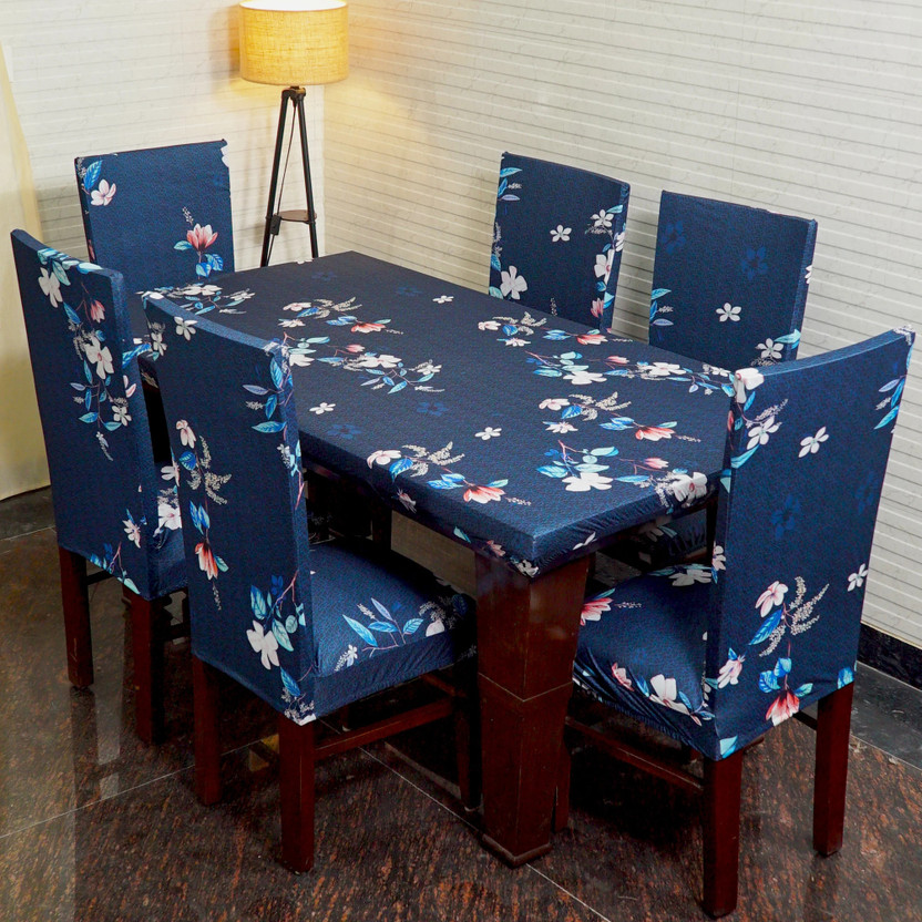 Eleganta Polyester, Spandex 6 Seater Printed Table Cover(Dark Blue)