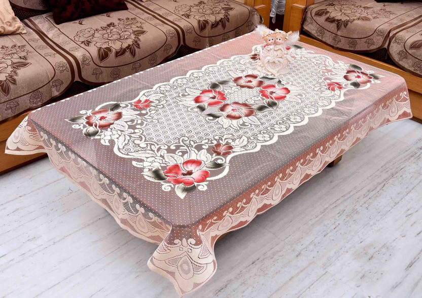 GAURANG Polyester 4 Seater Embroidered Table Cover(COFFEE, White)