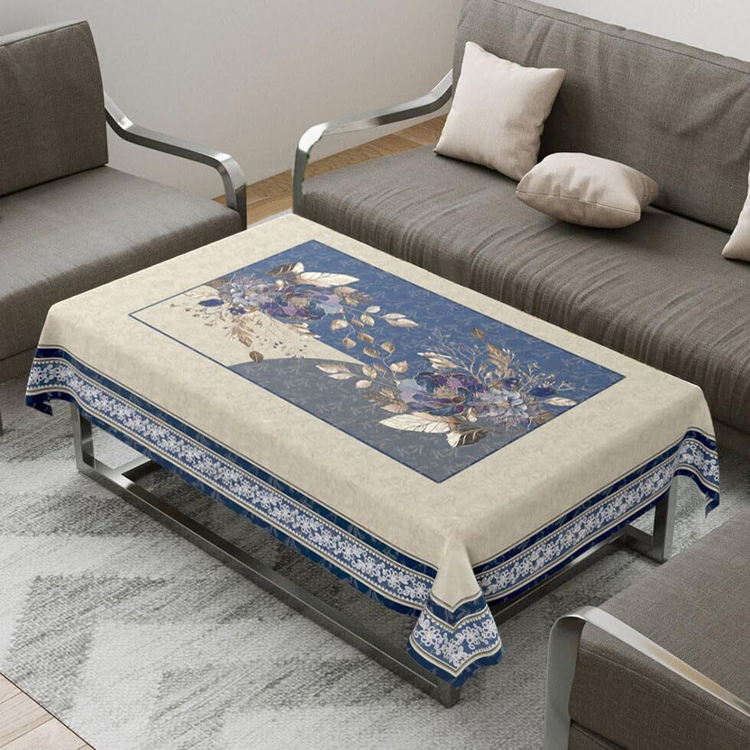 ZUKIODECOR Velvet 4 Seater Floral Table Cover(Cream, Blue)