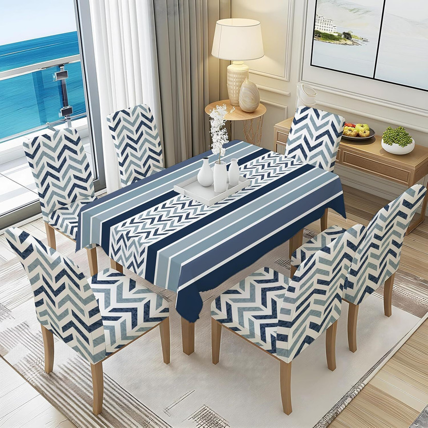 DECORIAN Polyester, Cotton 6 Seater Floral Table Cover(Zigzag Blue, Pack of 7)