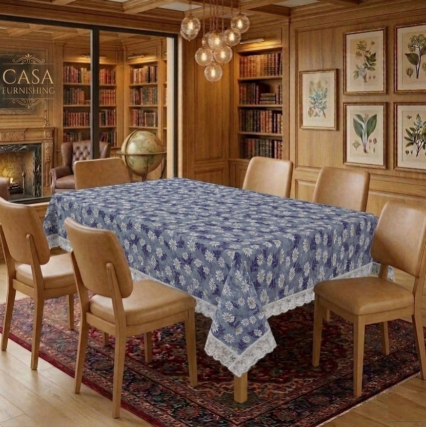 CASA FURNISHING Polyester 6 Seater Floral Table Cover(Blue)