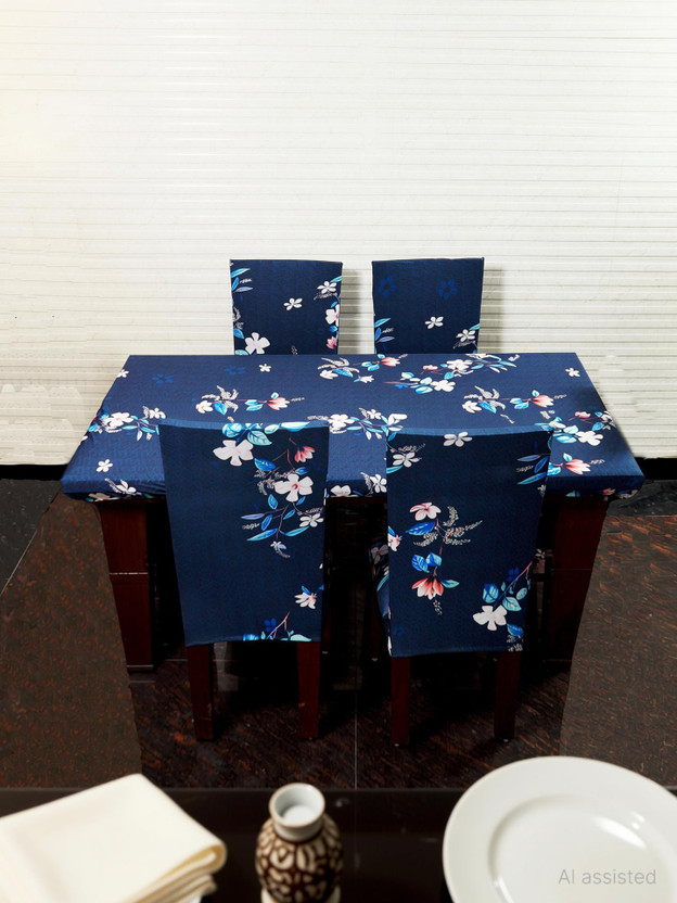 Eleganta Polyester, Spandex 4 Seater Printed Table Cover(Dark Blue)