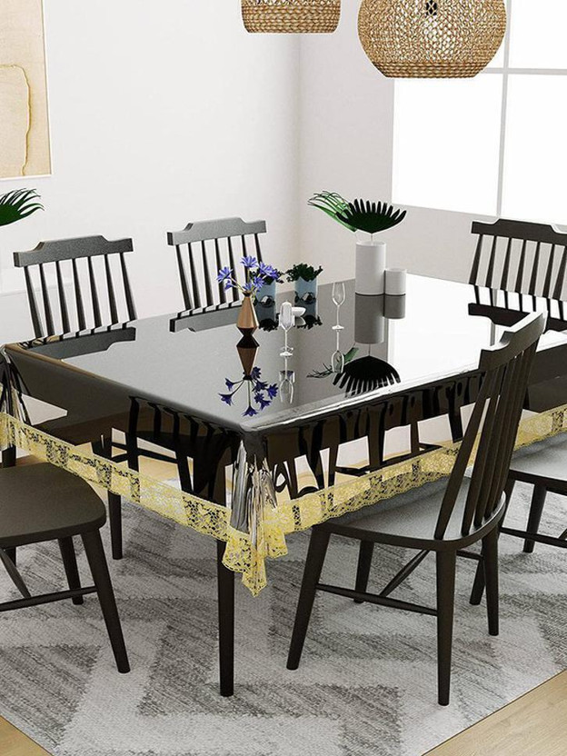 KingMatters PVC 8 Seater Printed Table Cover(Gold, Clear)