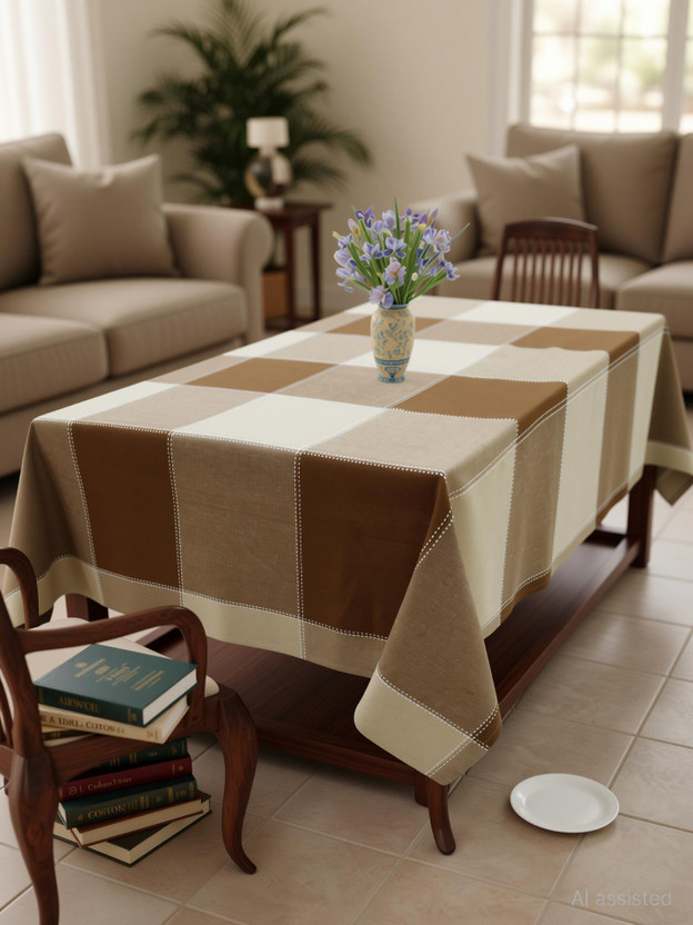 AIRWILL Cotton 8 Seater Checkered Table Cover(Brown)