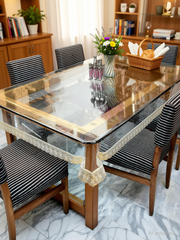 CHANDER Plastic 6 Seater Solid Table Cover(TRANSPARENT, GOLDEN)