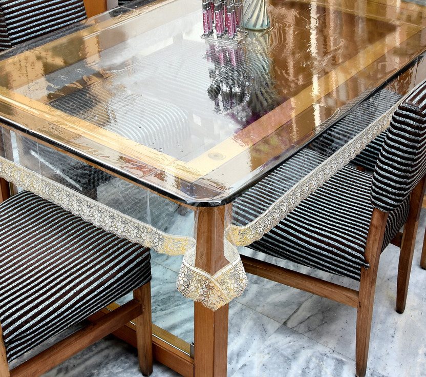 CHANDER Plastic 6 Seater Solid Table Cover(TRANSPARENT, GOLDEN)