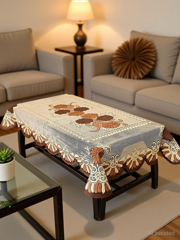 Fratco Cotton 4 Seater Self Design Table Cover(Silver)
