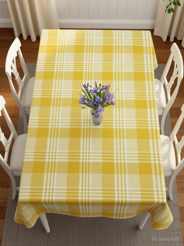 AIRWILL Cotton 4 Seater Checkered Table Cover(Yellow, White)