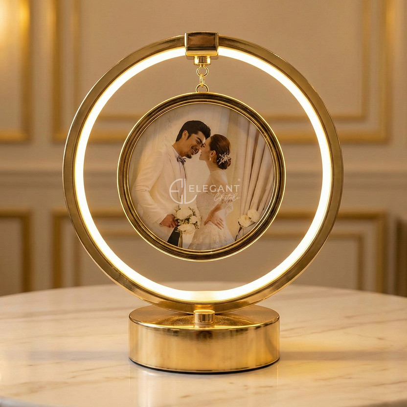 Elegant Lifestyle Custom LED Photo Frame Lamp, Night Light for Anniversary Wedding Gift Home Decor Table Lamp(25 cm, Golden, Multicolor)