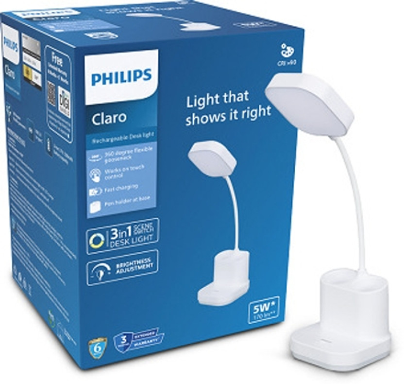 PHILIPS 5W CLARO LED Desk Light, 3-in-1 , EyeComfort Technology, Adjustable Design Table Lamp(13.4 cm, White)