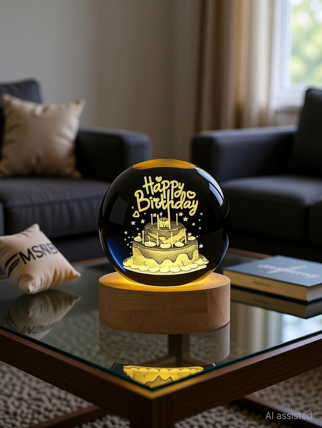 MSNB 3D Happy Birthday Crystal Ball Light – LED Decorative Party Lamp Table Lamp(8 cm, Gold)