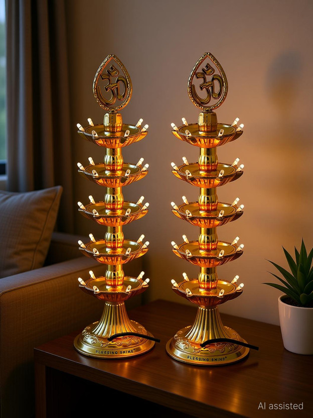 FYUGO Golden OM Design Led Electric Diya Light(PACK OF 2) for Temple(LAYER 5) Table Lamp(30 cm, Black)