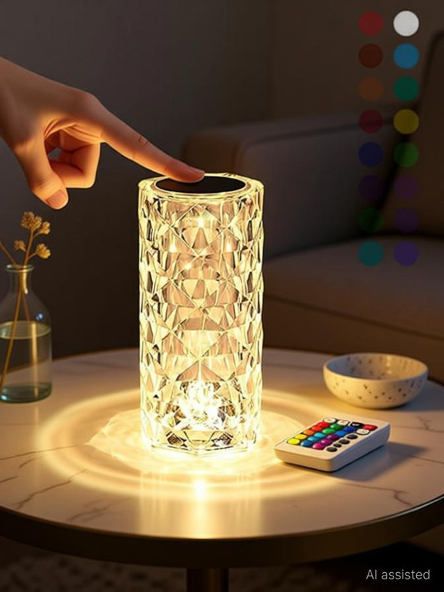 Worldwise 16 Color Changing Crystal USB Rechargeable Touch Night Lamp with Remote Control Table Lamp(21 cm, Multicolor)