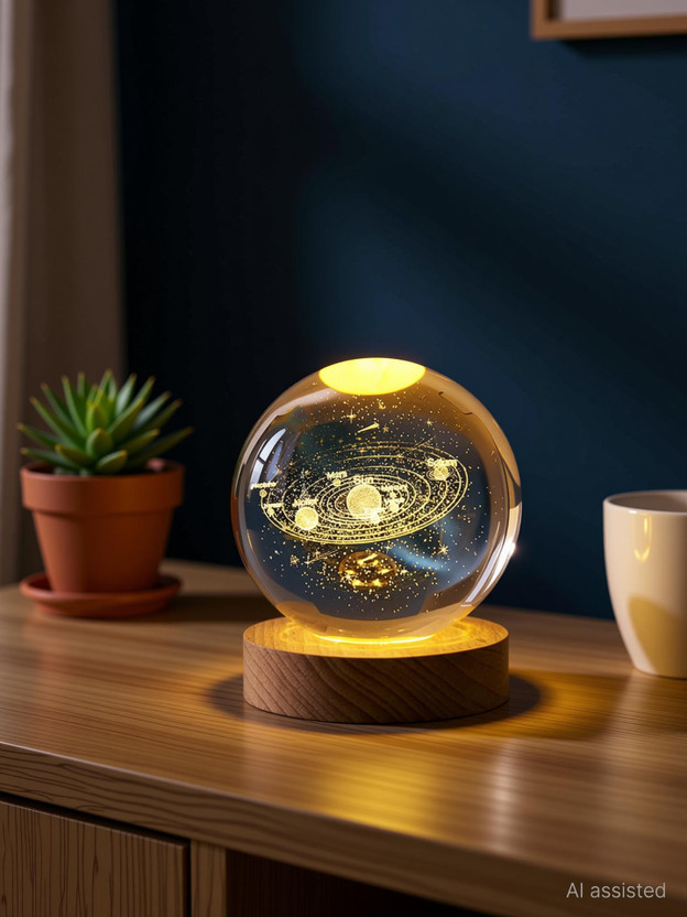Easymart Galaxy Crystal Ball Night Light,2.4 inch Glass with Woodern Base Table Lamp(7.5 cm, Multicolor)