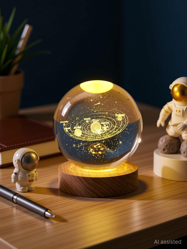 Refulgix 3D Solar Crystal Ball Light-USB Powered LED,Wooden Base Table Night Lamp(8 cm, warm white)