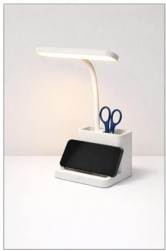 Genrix LED Desk Lamp with Pen Holder | Adjustable Study Table Light White Table Lamp(24 cm, White)