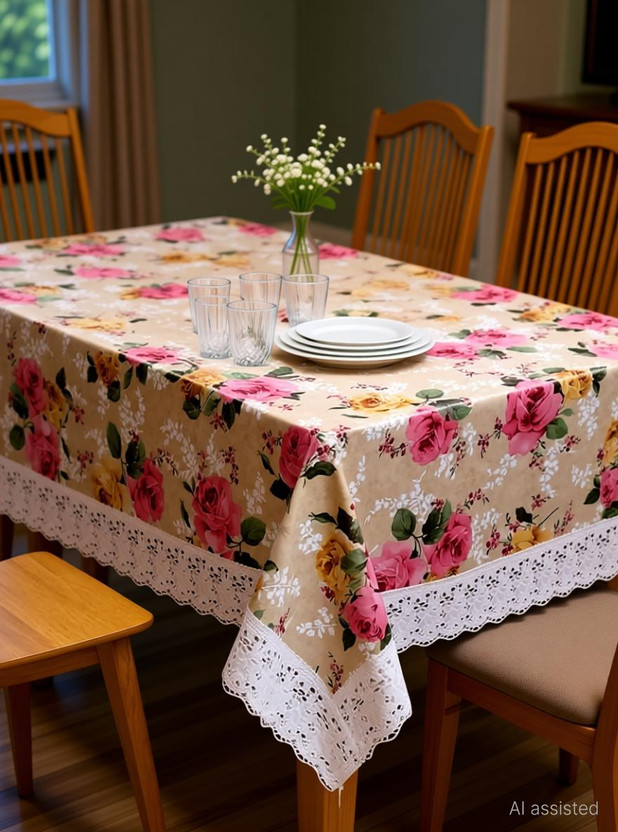 iC ICONIC CHOICE PVC 6 Seater Printed Table Cover(Pink, Beige)