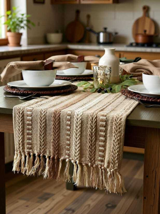 Nayra creatons Beige 182 cm Reversible Table Runner(Cotton)