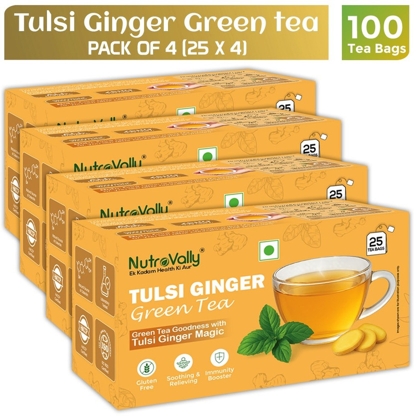 NutroVally Tulsi Ginger Herbal Green Tea | Rich in Antioxidants | Healthy Weight Loss Tea Tulsi, Ginger, Lemon Grass, Mulethi Green Tea Bags Box(4 x 25 Bags)