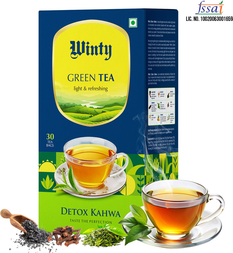 Winty Kahwa Green Tea | Herbal Infusion for Detox, Headache Relief & Immunity Support Herbs Green Tea Bags Box(30 Bags)