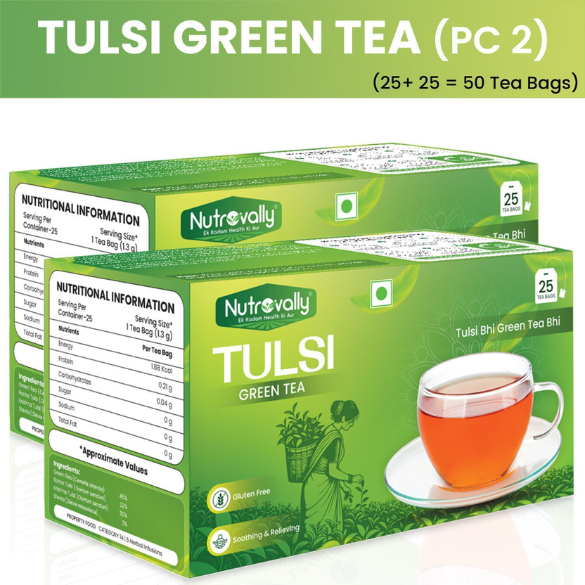 NutroVally Green Tea Tulsi for Weight Loss | Immunity Booster Loaded with Anti-Oxidants Tulsi Green Tea Bags Box(2 x 25 Bags)